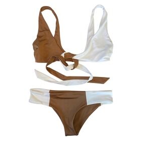 Tori Praver Bikini Set Bronze White Womens Small Colorblock Wrap Tie Swimsuit